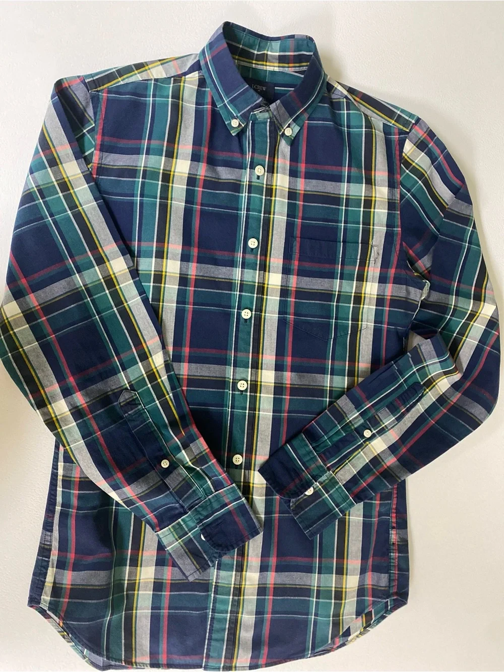 J. Crew Men’s Navy, Green & Yellow Plaid Button-Down Shirt